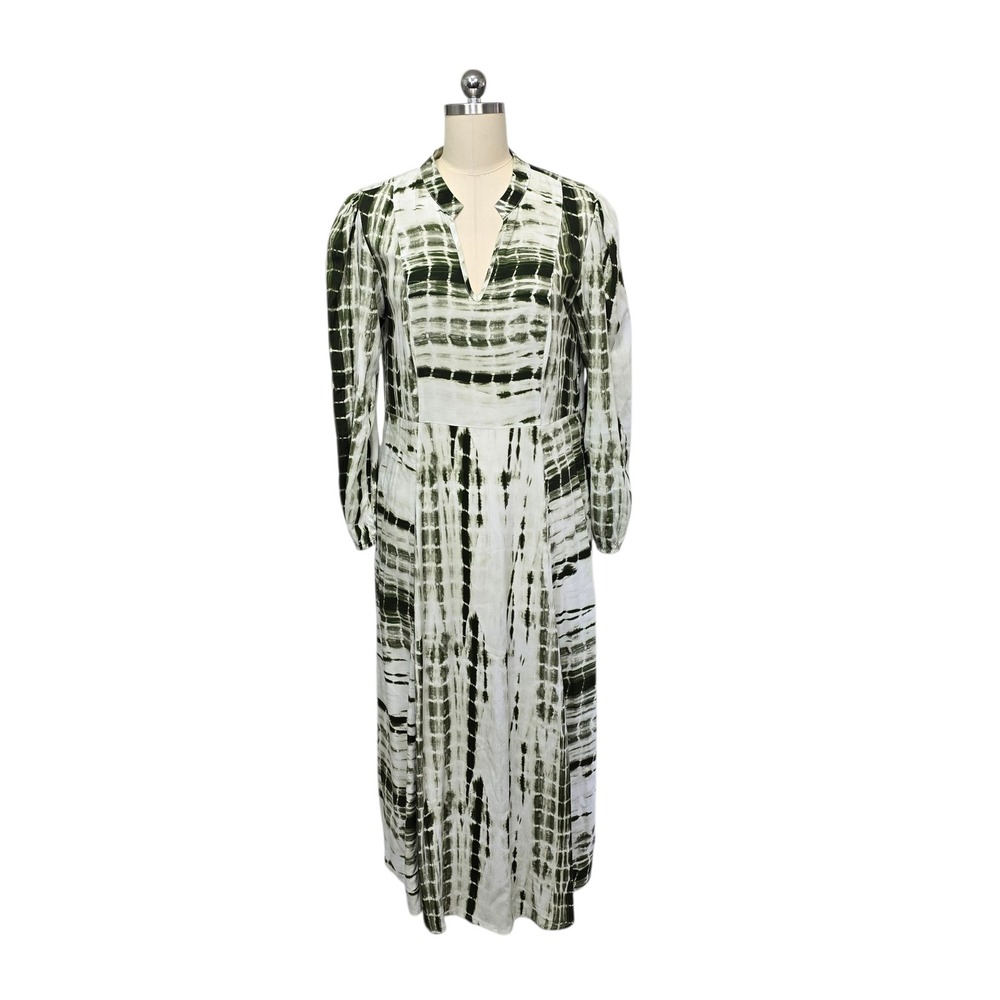 Soft Surroundings Tie Dye Maxi Dress Green White V Neck Long Sleeve Size Small